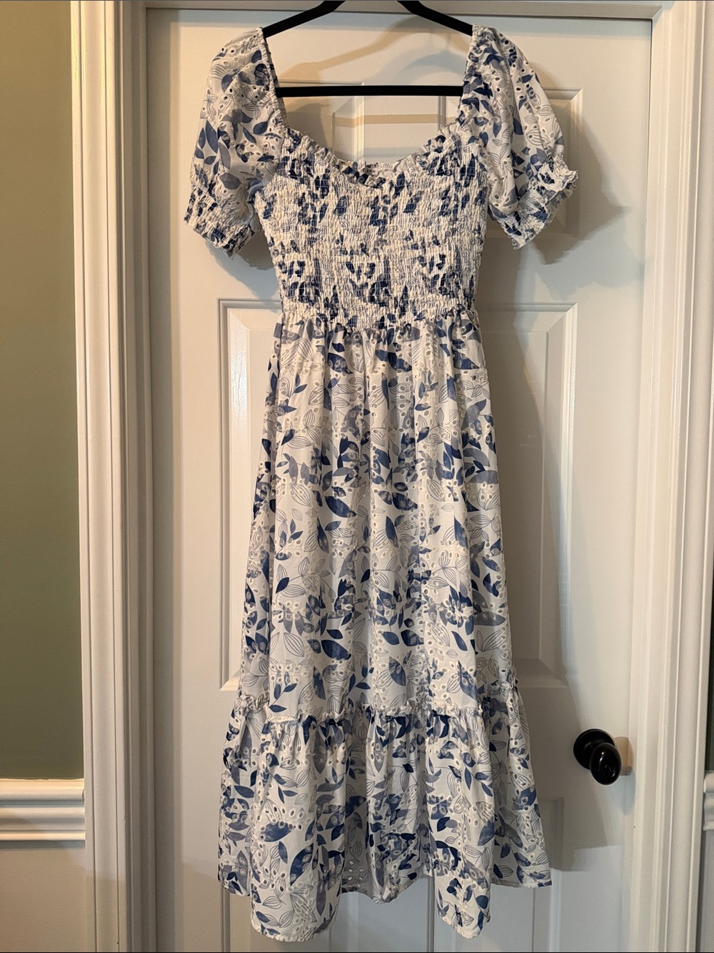 Baltic Born White and Blue Floral Smocked Midi Dress